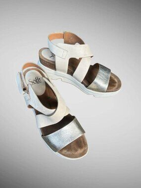 Sofft Charday Leather Wedge Sandals in Beige Platino Cork Footbed Size 9.5
